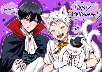 2boys alternate_costume anger_vein animal animal_ears animal_hands black_hair blush cat cat_boy cat_ears cat_tail closed_mouth collared_shirt crossed_arms english_text gloves halloween happy_halloween highres hikaru_ga_shinda_natsu holding holding_animal holding_cat indou_hikaru male_focus menchi-aniki mole mole_on_cheek mole_on_neck mole_under_eye mole_under_mouth multiple_boys multiple_moles open_mouth paw_gloves purple_background red_eyes red_pupils sasaya shirt short_eyebrows short_hair short_sleeves simple_background slit_pupils speech_bubble spoken_anger_vein star_(symbol) tail thought_bubble tsujinaka_yoshiki twitter_username upper_body vampire_costume white_cat white_hair white_shirt yaoi