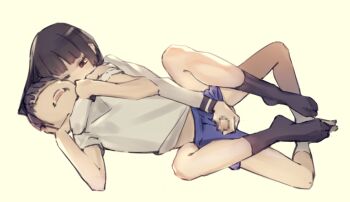 1boy 1girl arm_around_neck asphyxiation black_hair black_socks blue_shorts brown_eyes censored kodomo_doushi choke_hold clothes_lift clothes_pull faceless faceless_male femdom half-closed_eyes hand_on_shoulder handjob headlock hetero holding_another's_arm jitome leg_lock long_sleeves looking_at_another looking_up lying mixed_wrestling on_floor open_mouth original penis penis_grab reach-around shirt shirt_pull short_sleeves shorts shorts_lift simple_background socks spread_legs strangling struggling sweater t-shirt usule white_background white_shirt white_socks white_sweater wrestling