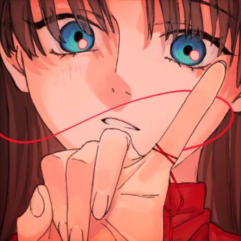 1girl artoria_pendragon_(fate) blue_eyes blush brown_hair close-up fate/stay_night fate_(series) highres looking_at_viewer open_mouth saber_(fate) sksk_sn09 solo string string_around_finger string_of_fate tohsaka_rin