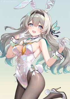 1girl alternate_costume animal_ears black_hairband black_pantyhose blue_eyes breasts clothing_cutout commentary_request fake_animal_ears fake_tail firefly_(honkai:_star_rail) gloves gradient_background gradient_hair green_hair grey_hair hairband half_gloves high_heels highres honkai:_star_rail honkai_(series) leotard long_hair looking_at_viewer medium_breasts multicolored_eyes multicolored_hair navel_cutout neckerchief open_mouth pantyhose playboy_bunny purple_eyes rabbit_ears rabbit_tail shirokitsune shoes solo tail two-tone_eyes two-tone_hair white_gloves white_leotard white_shoes wrist_cuffs yellow_neckerchief