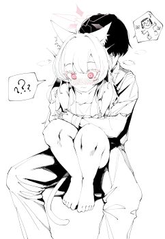 1boy 1girl ? absurdres akira_(blue_archive) animal_ear_fluff animal_ears doodle_sensei_(blue_archive) barefoot blue_archive blush breasts cleavage closed_mouth eyelashes faceless faceless_male greyscale hetero highres hug hug_from_behind monochrome musical_note nose_blush pants pink_eyes plentyofempty sensei_(blue_archive) simple_background sitting sketch small_breasts spoken_musical_note spoken_question_mark spot_color tail