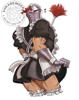 1boy alternate_costume apron armor black_dress blush bow commentary cropped_legs crossdressing crossdressing_(mtf) dress duster english_commentary enmaided feather_duster frilled_apron frills gauntlets hair_bow helm helmet knight maid maid_apron maid_headdress male_focus male_maid multiple_scars muscular muscular_male notice_lines original red_bow scar scar_on_arm scar_on_leg solo vhkaneweer watermark white_apron white_background wrist_cuffs