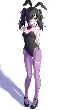 Rule 34 | 1girl, absurdres, alternate costume, alternate hairstyle, animal ear hairband, animal ears, arms behind back, bare shoulders, black hair, black hairband, black leotard, black shoes, blush, bow, breasts, cleavage, commentary, covered navel, english commentary, fake animal ears, full body, green eyes, hair over one eye, hairband, high heels, highleg, highleg leotard, highres, kuroki tomoko, leotard, pantyhose, playboy bunny, purple pantyhose, rabbit ear hairband, rabbit ears, red bow, shoes, small breasts, smile, solo, standing, strapless, strapless leotard, thigh strap, twintails, watashi ga motenai no wa dou kangaetemo omaera ga warui!, white background, xnandoneko