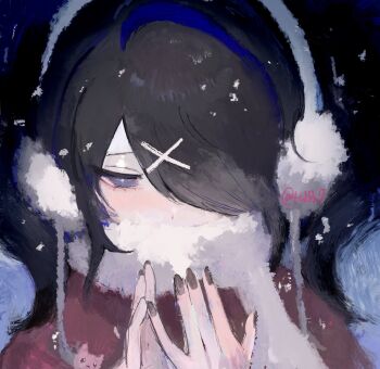 1girl ame-chan_(needy_girl_overdose) black_hair black_nails commentary_request covered_mouth earmuffs grey_eyes hair_ornament hair_over_one_eye highres looking_at_hands nail_polish naishukketsukata needy_girl_overdose scarf short_twintails snowing solo twintails white_scarf x_hair_ornament