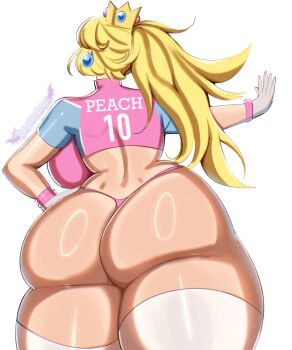 1girl artist_name ass ass_focus back backboob batcubus blonde_hair breasts closed_eyes crown earrings gloves hand_on_own_hip highres huge_ass huge_breasts jewelry legs long_hair mario_(series) mario_strikers_(series) multiple_girls nintendo official_alternate_costume orange_hair ponytail princess_peach smile super_mario_strikers thick_thighs thighhighs thighs thong white_background