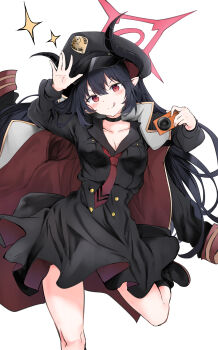 &gt;:) 1girl :q \||/ absurdres black_boots black_choker black_coat black_hair black_hat black_shirt black_skirt blue_archive blush boots breasts buttons camera chiaki_(blue_archive) choker cleavage coat coat_on_shoulders collarbone collared_shirt commentary demon_girl demon_horns double-breasted floating_hair foot_out_of_frame hair_between_eyes halo hands_up hat head_tilt high-waist_skirt highres holding holding_camera horns kuromiko_shoujo long_hair long_sleeves looking_at_viewer medium_breasts necktie peaked_cap pointy_ears red_eyes red_halo red_necktie school_uniform shirt sidelocks simple_background skirt slit_pupils smug solo sparkle standing standing_on_one_leg tongue tongue_out v-shaped_eyebrows very_long_hair waving white_background