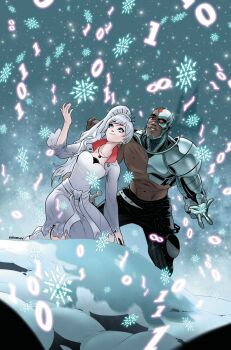 1boy 1girl artist_name binary black_eyes black_pants blue_background blue_eyes boots brown_hair comic_cover commentary cover cover_page crossover cyborg cyborg_(dc) dark-skinned_male dark_skin dc_comics dress earrings english_commentary exposed_internal_machinery highres jacket jewelry justice_league kneeling looking_up muscular muscular_male myrtenaster navel official_art pants rwby sash scar scar_across_eye scar_across_eyebrow scar_on_chest scar_on_face scar_on_mouth scar_on_nose short_hair side_ponytail smile snow snowflakes snowing textless_version topless_male vasco_georgiev weiss_schnee white_boots white_dress white_hair white_jacket white_sash