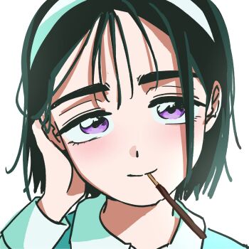 1girl alien_stage black_hair collared_shirt commentary commission english_commentary food food_in_mouth hairband highres mirdilean official_alternate_costume pocky pocky_day pocky_in_mouth portrait purple_eyes shirt short_hair smile solo sua_(alien_stage) tucking_hair white_hairband white_shirt