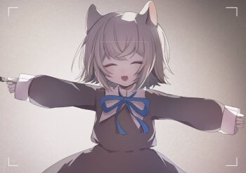 1girl animal_ears arazan_(ara_arazan24) backlighting black_dress blue_ribbon cat_ears cat_girl closed_eyes dress facial_recognition fork hashtag-only_commentary holding holding_fork indie_virtual_youtuber long_sleeves neck_ribbon open_mouth outstretched_arms puffy_long_sleeves puffy_sleeves ribbon sayonaka_(vtuber) short_hair shrug_(clothing) sidelocks sleeves_past_wrists smile solo spread_arms upper_body viewfinder virtual_youtuber white_hair