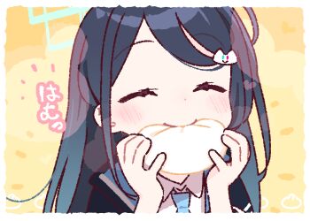 1girl ^_^ aris_(blue_archive) black_hair black_jacket blue_archive blue_necktie blush border closed_eyes closed_mouth collared_shirt commentary dot_nose eating food green_halo halo jacket long_hair necktie open_clothes open_jacket portrait rectangular_halo shirt smile solo steamed_bun translated white_border white_shirt yellow_background yoru_nai