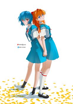 2girls :/ :o absurdres ankle_socks ayanami_rei back-to-back black_shoes black_socks blue_eyes blue_hair blue_skirt botttomtext bright_pupils closed_mouth commentary crossed_bangs from_side ginkgo_leaf hair_between_eyes hairpods highres holding_hands interface_headset_(evangelion) interlocked_fingers kneehighs leaf long_hair looking_at_viewer mary_janes multiple_girls neck_ribbon neon_genesis_evangelion orange_hair parted_lips patreon_logo patreon_username pixiv_id pixiv_logo red_eyes red_ribbon ribbon school_uniform shadow shirt shoes short_hair short_sleeves skirt socks souryuu_asuka_langley standing suspender_skirt suspenders tokyo-3_middle_school_uniform white_background white_pupils white_shirt white_shoes white_socks