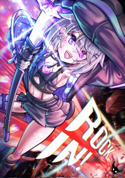 1girl black_jacket black_shirt black_skirt breasts chest_jewel gem grey_hair heterochromia highres holding holding_sword holding_weapon hololive hololive_english jacket koseki_bijou koseki_bijou_(casual) medium_hair miniskirt navel official_alternate_costume official_alternate_hairstyle pink_eyes purple_eyes purple_gemstone quilted_jacket seapupu sheath shirt single_thighhigh skirt small_breasts solo sword thighhighs tomato_(sword) two-sided_fabric two-sided_jacket unsheathing virtual_youtuber weapon