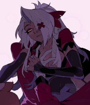 2girls bilidongdong bow breasts breasts_out charlie_morningstar colored_sclera colored_skin eyepatch grabbing_another&#039;s_breast grey_hair grey_skin groping guided_breast_grab guiding_hand hair_bow hair_over_one_eye hazbin_hotel hellaverse multiple_girls pink_sclera ponytail smile sweat vaggie white_skin yuri