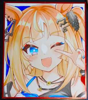 1girl ;d animal_ears bare_shoulders blonde_hair blue_eyes blue_nails collarbone commentary_request espoir_city_(red_devil_gear)_(umamusume) espoir_city_(umamusume) fang gradient_hair highres horse_ears looking_at_viewer multicolored_hair multicolored_nails nail_polish one_eye_closed one_side_up open_mouth orange_hair photo_(medium) red_nails shikishi smile solo streaked_hair terimuku traditional_media umamusume upper_body v v_over_eye white_hair