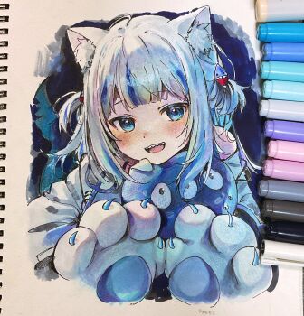 1girl ahoge ame929 animal_ear_fluff animal_ears animal_hands art_tools_in_frame blue_eyes blue_hair blunt_bangs blush cat_ears cat_girl cat_paws commentary_request gawr_gura hair_ornament highres hololive hololive_english kemonomimi_mode marker_(medium) medium_hair multicolored_hair open_mouth sharp_teeth smile streaked_hair teeth traditional_media two-tone_hair two_side_up upper_teeth_only virtual_youtuber white_hair