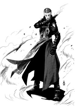 Rule 34 | 1boy, apron, biomega, blood, botonet, cyborg, fighting stance, frown, full body, gauntlets, greyscale, hatching (texture), inspector (biomega), linear hatching, long coat, mask, monochrome, no pupils, smoke, white apron, white mask