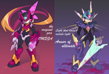 2boys android arm_cannon artist_request blonde_hair blood blood_splatter bloody_weapon blue_eyes copy_x_(mega_man) energy_blade energy_sword full_body gloves glowing helmet holding holding_weapon long_hair male_focus mechanical_wings multiple_boys omega_(mega_man) red_background red_eyes mega_man_(series) mega_man_zero_(series) source_request sword weapon white_background white_gloves wings