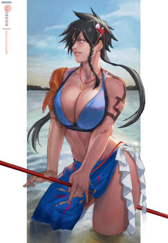 1girl abs black_hair bleach bleach:_brave_souls blue_eyes braid breasts cloud fireworks_print hair_ornament jewelry large_breasts lejeanx3 long_hair loose_hair_strand navel necklace patreon_logo patreon_username polearm prosthesis prosthetic_arm shiba_kuukaku sky smile staff starfish starfish_hair_ornament swimsuit tattoo trident water weapon
