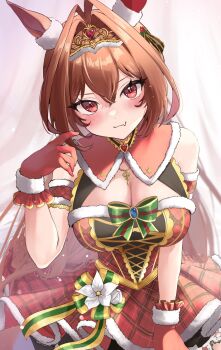 1girl animal_ears antenna_hair bare_shoulders blush bow bowtie breasts brown_hair cleavage closed_mouth commentary_request daiwa_scarlet_(scarlet_nuit_etoile)_(umamusume) daiwa_scarlet_(umamusume) dress ear_covers fang fur-trimmed_dress fur-trimmed_gloves fur_armlet fur_trim gloves green_bow green_bowtie hair_between_eyes hair_intakes hand_up highres horse_ears horse_girl large_breasts long_hair looking_at_viewer official_alternate_costume official_alternate_hairstyle plaid_clothes plaid_dress red_dress red_eyes red_gloves single_ear_cover skin_fang smile solo tiara umamusume very_long_hair yamaro_(yamaro0)