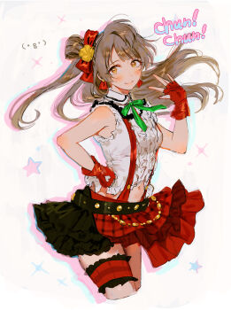 1girl absurdres belt black_belt blush bokura_wa_ima_no_naka_de bow bowtie breasts brown_hair closed_mouth collared_shirt cropped_legs earrings fingerless_gloves gloves green_bow green_bowtie hair_bow hair_rings hand_on_own_hip hand_up highres jewelry lips long_hair love_live! love_live!_school_idol_project minami_kotori navel red_bow red_gloves red_skirt shirt single_hair_ring skirt sleeveless sleeveless_shirt smile solo standing suspender_skirt suspenders thigh_strap white_background white_shirt yatatashira yellow_eyes