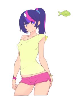 1girl bare_shoulders bracelet breasts camisole contrapposto cropped_legs doxy female_focus fish horns jewelry long_hair multicolored_hair my_little_pony my_little_pony:_friendship_is_magic personification pink_hair ponytail purple_eyes purple_hair scrunchie short_shorts shorts single_horn small_breasts smile solo standing streaked_hair twilight_sparkle