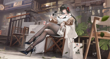 1girl absurdres alternate_breast_size_(larger) alternate_costume bag black_bra black_hair black_pantyhose black_shoes bra breasts cafe chisa_(wuthering_waves) cleavage crossed_legs full_body hair_ribbon high_heels highres holding holding_newspaper holding_removed_eyewear huge_breasts jewelry long_hair looking_at_viewer necklace newspaper pantyhose red_eyes red_ribbon ribbon sabou_san-shitsu_kokoro shirt shoes shopping_bag solo strap_slip sunglasses underwear unworn_eyewear white_shirt wuthering_waves