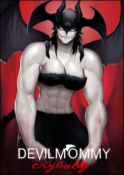 1girl absurdres black_hair blood blood_on_face blood_on_mouth breasts demon_wings devilman devilman_(character) devilman_crybaby fudou_akira genderswap head_wings highres horns large_breasts looking_at_viewer muscular muscular_arms muscular_female no_pupils red_background smile solo speedl00ver veins veiny_arms wings
