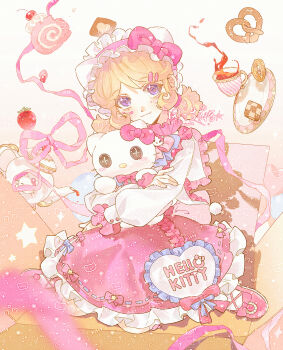 1girl absurdres accurate_lolita_coord animal_ears artist_request bitten blonde_hair blue_bow blue_eyes bow box cake cat_ears checkerboard_cookie cherry chinese_commentary commentary_request commission cookie cup dress emma_woods emma_woods_(hello_kitty_dream) fake_animal_ears food frilled_headwear frilled_sleeves frills fruit full_body hair_bow hair_ornament hairband hairclip head_tilt heart hello_kitty hello_kitty_(character) highres holding holding_stuffed_toy identity_v in_box in_container lolita_fashion long_sleeves looking_at_viewer mark_under_both_eyes mary_janes pantyhose parted_bangs pastel_colors pink_bow pink_dress pink_ribbon pink_shoes plate pretzel puffy_long_sleeves puffy_sleeves ribbon sanrio second-party_source shirt shoes sitting skirt smile solo sparkle strawberry stuffed_animal stuffed_cat stuffed_toy swiss_roll tea teacup twintails wariza whipped_cream white_pantyhose white_shirt