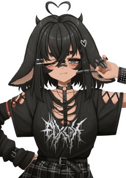 +_+ 1girl absurdres ahoge alternate_costume alternate_hair_color animal_ear_piercing animal_ears arm_tattoo arm_up bandaid bandaid_on_face bandaid_on_neck bandaid_on_nose belt belt_buckle black_belt black_hair black_nails black_shirt black_skirt black_sleeves blush breasts buckle chain character_name clenched_hand closed_mouth clothes_writing collarbone commentary cropped cross-laced_clothes cross-laced_sleeves crossed_bangs detached_sleeves el_xox english_commentary eyebrow_cut eyebrows_hidden_by_hair fang grey_eyes hair_horns hair_ornament hairclip half-closed_eye hand_on_own_hip heart heart_ahoge heart_hair_ornament heart_in_eye highres indie_virtual_youtuber jewelry lobsteranian long_sleeves looking_at_viewer lop_rabbit_ears medium_breasts medium_hair metal_band_text necklace o-ring octopus_tattoo one_eye_closed plaid_clothes plaid_skirt pointing pointing_at_self rabbit_ears rabbit_girl shirt shirt_tucked_in simple_background single_detached_sleeve skirt sleeves_past_wrists solo spiked_wristband standing symbol_in_eye t-shirt tattoo thick_eyebrows torn_clothes torn_shirt upper_body variant_set virtual_youtuber white_background wide_sleeves wrist_belt wristband