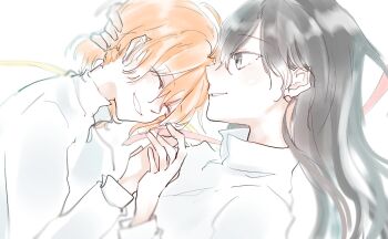 2girls black_eyes black_hair closed_eyes commentary hand_on_another's_head highres koito_yuu long_hair long_sleeves multiple_girls nanami_touko open_mouth orange_hair shirt short_hair tasuku2218 white_shirt yagate_kimi_ni_naru yuri