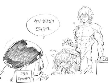 1boy 2girls arknights beret blush erection flying_sweatdrops greyscale hat hetero highres korean_text la_pluma_(arknights) looking_at_another monochrome multiple_girls nude penis simple_background speech_bubble su_reut testicles translation_request uncensored white_background