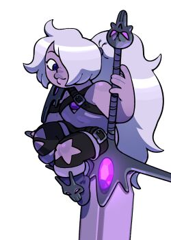 1girl alternate_costume amethyst_(steven_universe) breasts chest_jewel colored_skin discount-supervillain gem hair_over_one_eye highres long_hair plump purple_gemstone purple_skin small_breasts smile solo steven_universe
