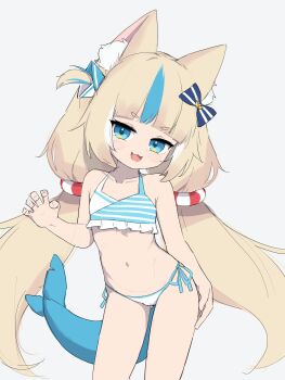 Rule 34 | 1girl, :3, absurdres, animal ear fluff, animal ears, arm up, bikini, blonde hair, blue eyes, cat ears, claw pose, dako o (skwt4825), fins, fish tail, highres, indie virtual youtuber, lifebuoy hair ornament, long hair, low twintails, multicolored hair, navel, open mouth, sameko saba, side-tie bikini bottom, smile, solo, stomach, streaked hair, striped bikini, striped clothes, swimsuit, tail, thighs, twintails, very long hair, virtual youtuber, white bikini