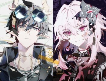 1boy 1girl ahoge alternate_costume black_hair collar dan_heng_(honkai:_star_rail) dan_heng_(permansor_terrae)_(honkai:_star_rail) dragon_boy dragon_horns dress earrings evernight_(honkai:_star_rail) glasses gloves green_eyes hair_ornament hairclip hashtag-only_commentary honkai:_star_rail honkai_(series) horns jacket jewelry low_ponytail march_7th_(honkai:_star_rail) necklace parallel_hairclips pink_hair pointy_ears ponytail punch_(punchrecipe) red_eyes ring shirt single_earring tassel watermark x_hair_ornament