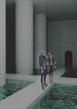 2boys absurdres arm_up backrooms_(creepypasta) black_hair boots camcorder camera ceiling closed_mouth coat column full_body fuwa_minato fuwa_minato_(1st_costume) gradient_coat highres holding holding_camera indoors jacket kome_non male_focus mashiro_meme mashiro_meme_(1st_costume) multicolored_hair multiple_boys nijisanji open_clothes open_coat pillar purple_jacket shadow shirt_tucked_in standing streaked_hair tile_ceiling tile_floor tile_wall tiles video_camera virtual_youtuber water white_hair yellow_boots yellow_eyes