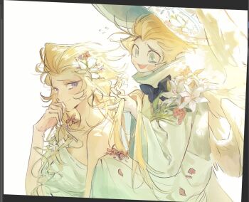 1boy 1girl angel angel_wings art_program_in_frame black_bow black_bowtie blonde_hair blue_eyes blush bow bowtie circle_facial_mark closed_mouth flower flying_sweatdrops hair_flower hair_ornament hand_on_own_chin hazbin_hotel hellaverse hetero holding_another&#039;s_hair light_persona lilith_(hazbin_hotel) long_hair long_sleeves looking_at_another lucifer_morningstar_(hazbin_hotel) multiple_wings open_mouth petals purple_eyes robe shipduck13 short_hair smile sweat upper_body white_flower white_robe white_wings wide_sleeves wings