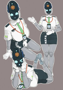 1girl blush breasts colored_skin gloves grey_skin id_card joints large_breasts lying metal_skin necktie nenbuta one_eye_closed pencil_skirt police police_uniform policewoman robot robot_girl robot_joints sandy_(zenless_zone_zero) screen shirt short_sleeves sitting skirt smile thick_thighs thighs waving white_gloves white_shirt zenless_zone_zero