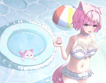 1girl animal_ear_fluff animal_ears bare_shoulders bikini blush bow braid breasts cleavage collarbone commentary_request extra_ears frilled_bikini frilled_thigh_strap frills hair_between_eyes hair_bow hair_ornament hakui_koyori hakui_koyori_(summer) hand_on_own_chest highres hololive kokoro_(hakui_koyori) large_breasts long_hair looking_at_viewer multicolored_eyes multiple_hair_bows open_mouth pink_eyes pink_hair pink_tail purple_eyes saijennnn short_hair side_braid smile solo swimsuit tail thigh_strap thighs twin_braids virtual_youtuber water white_bikini wolf_ears wolf_girl wolf_tail