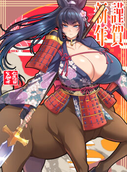 1girl animal_ears armor bell black_choker black_hair black_kimono blue_eyes breasts centaur chinese_zodiac choker commentary_request floral_print floral_print_kimono gigantic_breasts hair_ornament happy_new_year holding holding_polearm holding_weapon horse_ears japanese_armor japanese_clothes kimono kote kusazuri long_hair monster_girl neck_bell new_year nishida_megane original polearm ponytail print_kimono single_sode smile solo taur very_long_hair weapon wide_sleeves year_of_the_horse