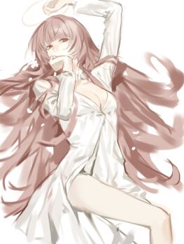 1girl arm_up breasts brown_hair cleavage copyright_request covered_mouth dress feet_out_of_frame half-closed_eyes halo highres hkeno long_hair long_sleeves looking_at_viewer lying medium_breasts on_back red_eyes solo very_long_hair white_background white_dress