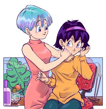 Rule 34 | 2girls, absurdres, black hair, black pantyhose, blue eyes, blue hair, bulma, dragon ball, dragonball z, dress, earrings, eyelashes, highres, jewelry, liohan draws, multiple girls, orange sweater, pantyhose, pink dress, short hair, sphere earrings, sweater, videl