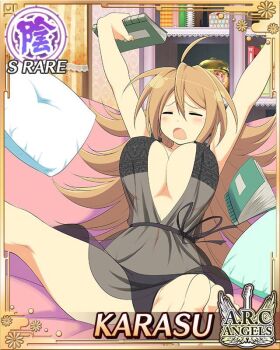 1girl :o arms_up barefoot black_negligee black_panties blush border bouncing_breasts breasts brown_hair card_(medium) character_name cleavage closed_eyes english_text game_cg green_eyes holding holding_notebook karasu_(senran_kagura) large_breasts legs_up lingerie long_hair navel notebook official_art on_bed panties pill senran_kagura senran_kagura_new_wave sitting solo underwear