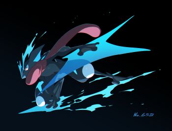 Rule 34 | absurdres, black background, commentary request, fighting stance, gen 6 pokemon, greninja, highres, jin rou, long tongue, nintendo, no humans, pokemon, pokemon (creature), pokemon focus, red eyes, shuriken, simple background, tongue, very long tongue, water shuriken (pokemon), weapon