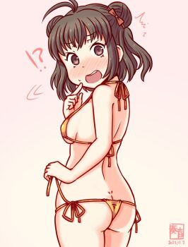 !? 1girl ^^^ ahoge antenna_hair ass bikini black_hair blush breasts butt_crack commentary_request dimples_of_venus double_bun hair_bun kanon_(kurogane_knights) kantai_collection looking_at_viewer looking_back naka_(kancolle) nose_blush one-hour_drawing_challenge side-tie_bikini_bottom small_breasts solo swimsuit thong_bikini