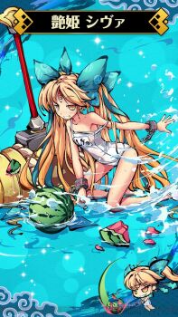 1girl armpits bare_shoulders blonde_hair blue_bow blush bow breasts broken broken_chain chain character_name chibi clenched_teeth food fruit full_body hair_bow hammer himegami_kagura huge_weapon kneeling long_hair looking_at_viewer motion_lines ms06s name_tag official_art old_school_swimsuit one-piece_swimsuit open_hand orange_eyes outstretched_arm partially_submerged school_swimsuit second-party_source shiva_(himegami_kagura) smile spread_fingers standing strap_slip suikawari swimsuit teeth third_eye twintails water watermelon weapon white_one-piece_swimsuit