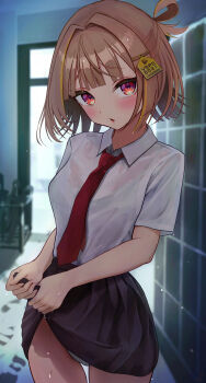 1girl absurdres black_skirt bra_visible_through_clothes breasts brown_hair hair_ornament hair_rings highres looking_at_viewer medium_breasts multicolored_hair naikon necktie panties rain red_eyes red_necktie school_uniform see-through_clothes sendo_yuuhi shirt short_hair skirt solo thighs underwear virtual_youtuber vspo! wet wet_clothes wet_shirt white_panties white_shirt