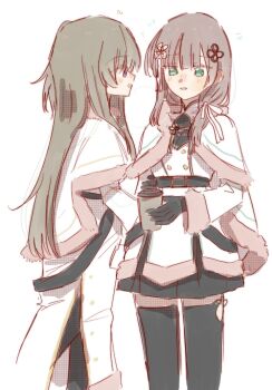 2girls assault_lily belt belt_buckle black_belt black_gloves black_hair black_pantyhose black_skirt blunt_bangs blush breath brown_hair buckle buttons cape coat commentary cowboy_shot double-breasted flower flower_knot fur-trimmed_cape fur-trimmed_coat fur-trimmed_jacket fur-trimmed_sleeves fur_trim gloves green_eyes hair_flower hair_ornament hair_over_shoulder hair_ribbon hand_up high_belt highres holding holding_thermos jacket kuo_shenlin long_hair long_sleeves looking_at_another miniskirt multiple_girls nose_blush notice_lines official_alternate_costume pantyhose parted_lips pleated_skirt purple_eyes ribbon rui_rui_rui0122 side_slit simple_background skirt smile standing thermos thighhighs wang_yujia white_background white_cape white_coat white_flower white_jacket white_ribbon zettai_ryouiki