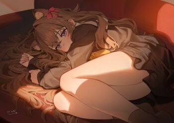 1girl animal_ear_fluff animal_ears bare_legs blush bow brown_dress brown_hair cat_ears closed_mouth dress hair_bow hair_spread_out highres long_hair long_sleeves lying nyum on_side original purple_eyes solo very_long_hair