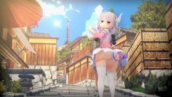 1girl 3d absurdres ass beads blue_eyes blue_sky blunt_bangs bow building cloud cloudy_sky day dragon_girl dragon_horns dragon_tail female_focus from_behind from_below hair_beads hair_bow hair_ornament highres horns huge_ass kanna_kamui kobayashi-san_chi_no_maidragon loli looking_at_viewer looking_back looking_down open_mouth outdoors panties sky sodevs solo standing tail thighhighs underwear upskirt v white_thighhighs