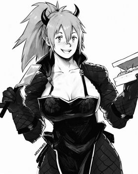 Rule 34 | 1girl, alt text, apron, artist name, breasts, cleavage, commentary, cowboy shot, dorohedoro, dumpling, english commentary, food, gloves, greyscale, highres, holding, holding weapon, horns, jacket, jiaozi, large breasts, miss faves, monochrome, nikaidou (dorohedoro), no shirt, open mouth, ponytail, smile, solo, weapon